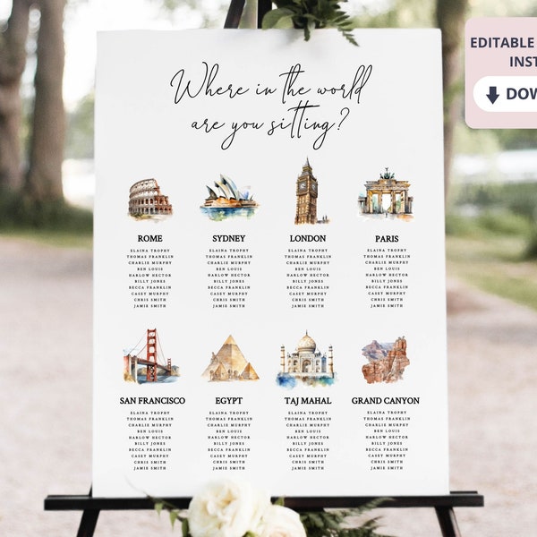 Travel Theme Seating Chart | Where In The World Are You Sitting Wedding Seating Chart Template Set Printable Seating Plan 18x24 24x36 A1 A2