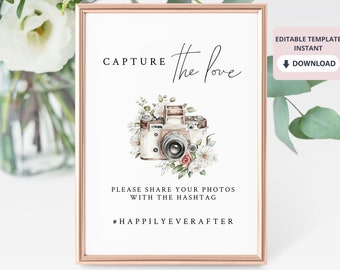 Capture The Love Sign Template | Share Wedding Photos Sign | Wedding Guest Photo Upload | Floral Welcome Wedding Sign - 4 Sizes & 43 Icons