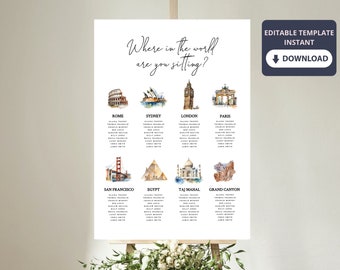 Reise-Hochzeits-Sitzplan | Reise Thema Hochzeit Tisch Plan | Reise-Hochzeitsschild | Hochzeit im Urlaub | Sofort Download | Sitzplan