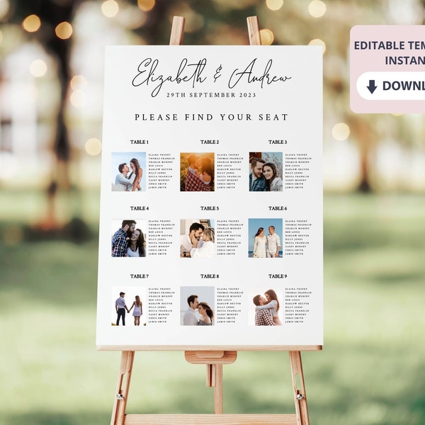 Wedding Seating Chart Template Photo | Editable Table Seating Plan with Photos| Wedding Seating Chart Board | Instant Download | 4 SIZES