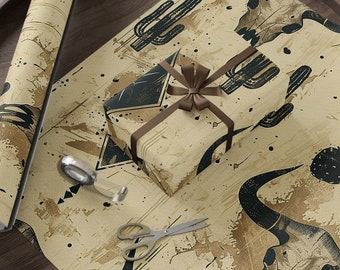 Vintage Inspired Western Wrapping Paper Bull Skull Wrapping Paper Christmas Wrapping Paper Roll Cowboy Gift Wrap Cute Christmas Wrap