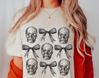 Coquette Skull Comfort Colors Tshirt Cute Fall Shirt Spooky Season Shirt Vintage Inspired Halloween Tee Oversized Halloween Graphic Tee