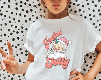 Feelin Jolly barn-t-shirt, jultröja för flickor, jultröjor för barn, trendiga julkläder för barn, jultomten för barn