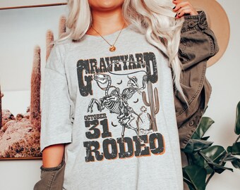 Camiseta de rodeo extragrande, cuello redondo estilo western, camiseta con gráfico western, vestido estilo western, camisa de esqueleto de vaquero para Halloween, estilo retro para Halloween.