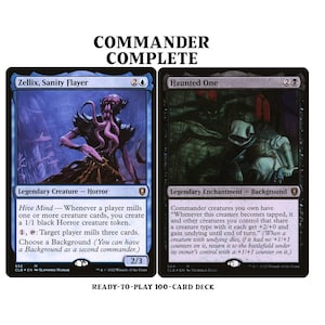 May include: Two Magic: The Gathering cards, Zellix, Sanity Flayer and Haunted One. Zellix is a blue and black creature card with a power and toughness of 2/3. Haunted One is a black enchantment card with a cost of 2 black mana.