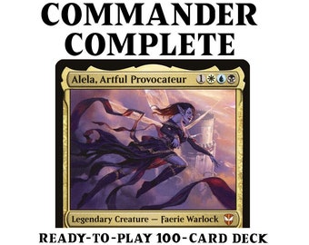 Könnte beinhalten: Ein Fantasy-Sammelkartenspiel-Deck mit Alela, Artful Provocateur, einer legendären Kreatur mit einem blauen, weißen und schwarzen Farbschema. Die Karte ist Teil eines 100-Karten-Decks, bereit zum Spielen.