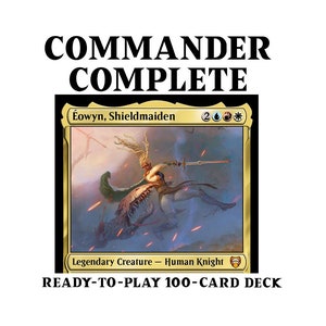 Pode incluir: Um cartão de jogo de fantasia que representa uma mulher montando uma criatura com uma espada na mão. O cartão é intitulado "Éowyn, Shieldmaiden" e tem um custo de mana de 2 branco, azul e verde. O cartão é uma criatura lendária - cavaleiro humano.