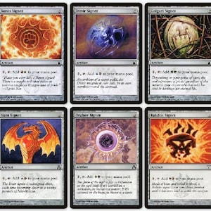 May include: A set of ten Magic: The Gathering cards featuring different Signet artifacts. Each card has a unique design and color scheme, with a symbol representing a different element or power. The cards are in excellent condition and are ready to be used in your next game.