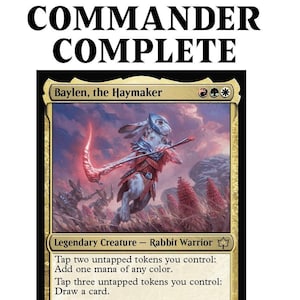 May include: A Commander Complete card featuring "Baylen, the Haymaker," a rabbit warrior with a 4/3 power/toughness. The card has a gold border and includes text describing its abilities. The text "READY-TO-PLAY 100-CARD DECK" is at the bottom.