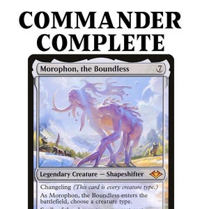 May include: Morophon, the Boundless, a 7 mana cost legendary creature card from the Magic: The Gathering set,  Modern Horizons. The card is a shapeshifter with the ability to change into any creature type. The card art features a purple and white creature with a long neck and tail, standing in a snowy landscape.