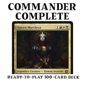 May include: A Commander deck featuring Queen Marchesa, a legendary creature with a gold crown and a black and white striped dress. The card is set against a dark background with a gold border. The text "COMMANDER COMPLETE" and "READY-TO-PLAY 100-CARD DECK" are also visible.