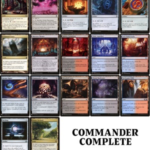 May include: A collection of Magic: The Gathering Commander cards, featuring various land and artifact cards. The cards have unique artwork and text, with the words "Commander Complete" displayed at the bottom.