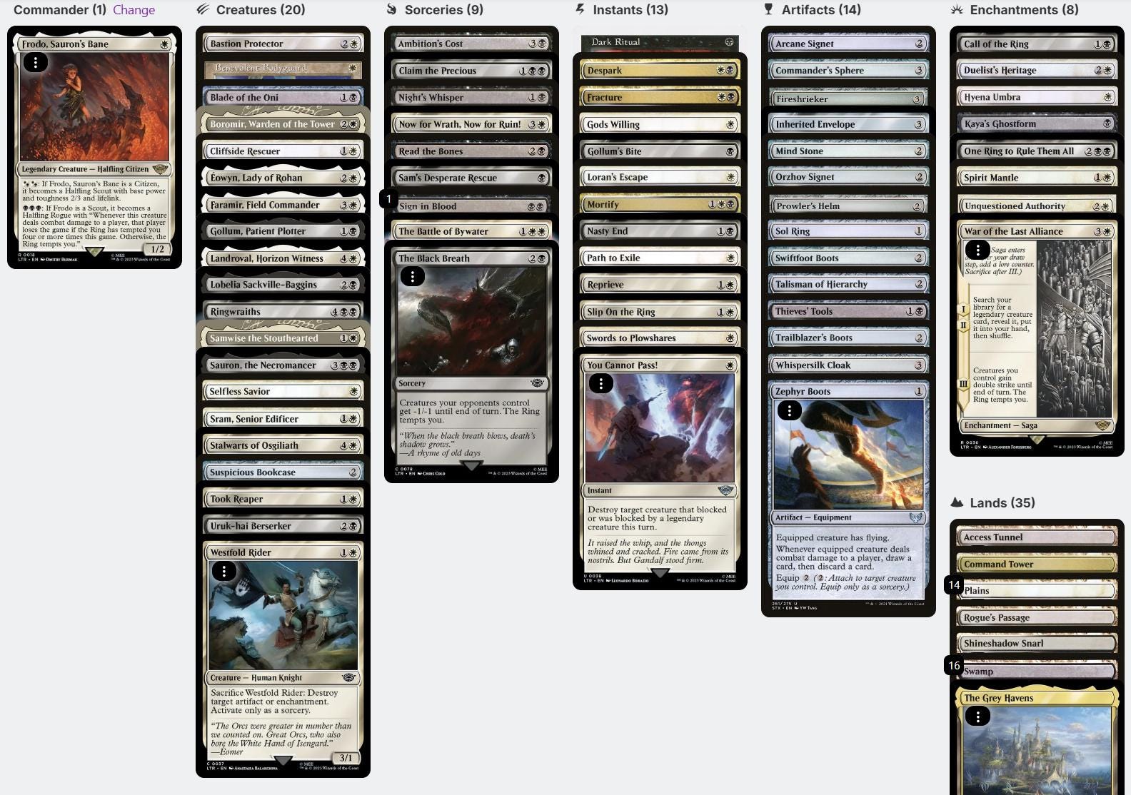 mtg lord of the rings commander deck lists Magic Gathering The The Rings: Tales of Middle-Earth 1 + Collector Booster Sample Pack : Toys & Games Kieran Yanner Power/Toughness7/6 Legalities NOT LEGALStandard NOT LEGALFuture LEGALHistoric LEGALTimeless LEGALGladiator NOT LEGALPioneer NOT LEGALExplorer LEGALModern LEGALLegacy NOT LEGALPauper LEGALVintage LEGALPenny LEGALCommander LEGALOathbreaker NOT LEGALStandardbrawl LEGALBrawl NOT LEGALAlchemy NOT LEGALPauper Commander LEGALDuel NOT LEGALOldschool NOT LEGALPremodern NOT LEGALPredh Ward—Sacrifice a legendary artifact or legendary creature Rankings for All 123 Lord