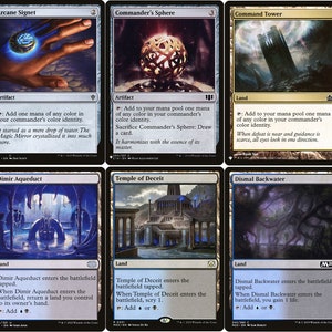 May include: A collection of Magic: The Gathering cards featuring various lands and artifacts. The cards are arranged in a grid with a black background and white text. The cards include Sol Ring, Arcane Signet, Commander's Sphere, Command Tower, Exotic Orchard, Dimir Signet, Dimir Aqueduct, Temple of Deceit, Dismal Backwater, and Dimir Guildgate.