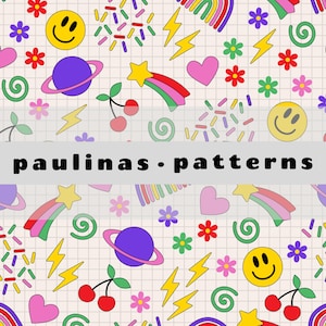 May include: A seamless pattern featuring a variety of colorful and playful elements, including smiley faces, hearts, stars, planets, cherries, rainbows, and lightning bolts. The background is a light beige with a grid pattern.