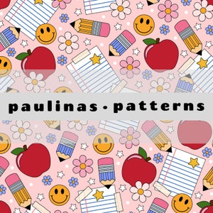 groovy teacher seamless pattern, retro school repeat pattern, school supplies repeat file, smiley repeat, school pattern for commercial use