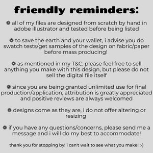 Puede incluir: Recordatorios amistosos para dise&ntilde;adores digitales: todos los archivos est&aacute;n dise&ntilde;ados desde cero en Adobe Illustrator y probados antes de ser listados. Para ahorrar dinero y el medio ambiente, prueba los colores en tela o papel antes de producir en masa. Se agradece la atribuci&oacute;n por el uso ilimitado del dise&ntilde;o. Los dise&ntilde;os son como son y no se pueden modificar ni cambiar de tama&ntilde;o. Ponte en contacto con el vendedor si tienes alguna pregunta.