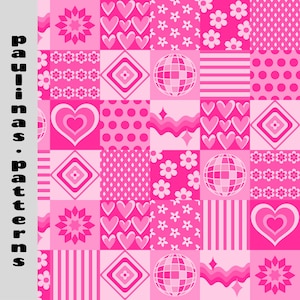 Op de afbeelding: Een roze en wit geometrisch patroon met harten, bloemen, sterren, stippen en discoballen. Het patroon wordt herhaald in de hele afbeelding.