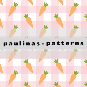 May include: A seamless pattern featuring orange carrots on a pink and white gingham background. The text "paulinas.patterns" is displayed in black.