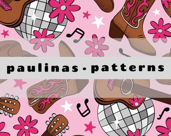 Patrón sin costuras de vaquera: botas vaqueras, guitarra y sombreros (descarga digital)