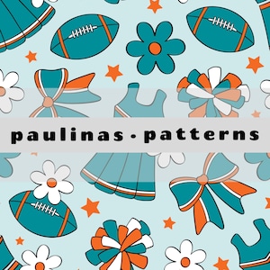 May include: A seamless pattern featuring teal, orange and white cheerleading and football elements on a light blue background. The pattern includes pom-poms, bows, footballs, stars and flowers. The text "paulinas - patterns" is included in the design.