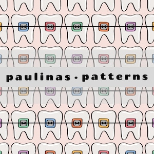 May include: A seamless pattern featuring white teeth with colorful braces. The background is a light pink color. The text "paulinas.patterns" is in the center of the image.