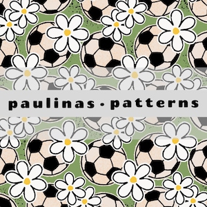 May include: A seamless pattern featuring black and white soccer balls and white daisies with yellow centers on a green background. The pattern is titled "paulinas - patterns".