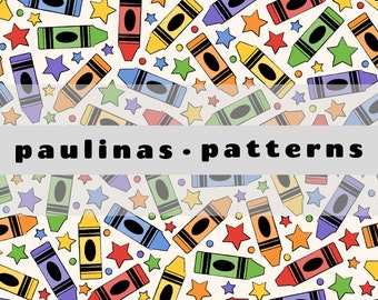 May include: A seamless pattern featuring colorful crayons and stars on a white background. The crayons are arranged in a random pattern and the stars are in various sizes and colors.