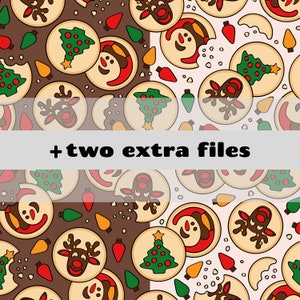 Puede incluir: Un patr&oacute;n sin costuras de galletas de Navidad con varios dise&ntilde;os, incluyendo renos, mu&ntilde;ecos de nieve, &aacute;rboles de Navidad y bastones de caramelo. Las galletas est&aacute;n sobre un fondo blanco y marr&oacute;n con luces rojas y blancas.