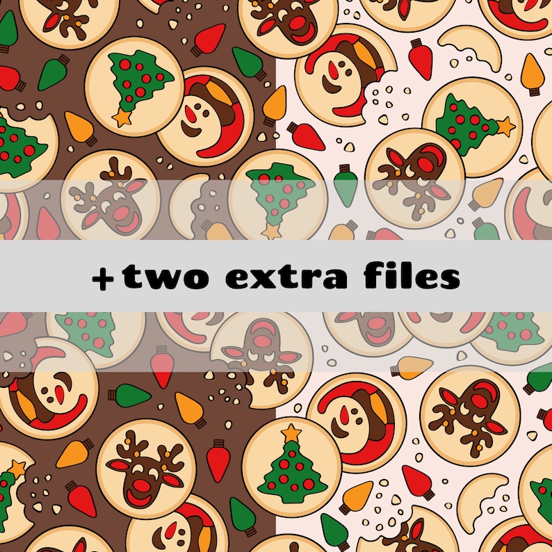 Puede incluir: Un patr&oacute;n sin costuras de galletas de Navidad con varios dise&ntilde;os, incluyendo renos, mu&ntilde;ecos de nieve, &aacute;rboles de Navidad y bastones de caramelo. Las galletas est&aacute;n sobre un fondo blanco y marr&oacute;n con luces rojas y blancas.