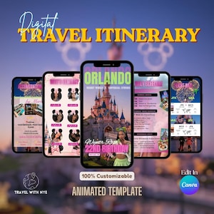 May include: A digital travel itinerary template for Canva featuring five smartphone screens displaying travel plans, including accommodation details, a guest list with Mickey-shaped frames, a daily schedule, and flight information for an Orlando trip.