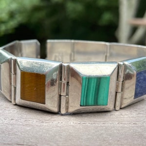Vintage 1980's Sterling Silver Link Bracelet With Inlay Work
