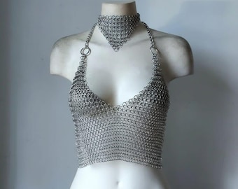 Imbracatura in maglia di alluminio realizzata a mano - Top corto con scollo all'americana per LARP e abbigliamento da festival