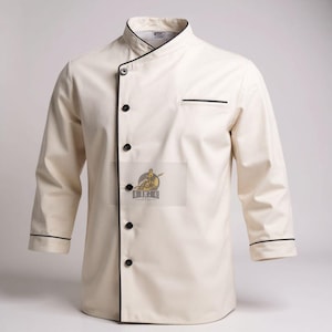 May include: Cream-colored chef's coat with black trim and buttons. The long-sleeved coat features a mandarin collar, a chest pocket, and a logo on the front. The coat is designed for professional kitchen use.