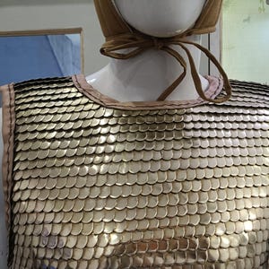 May include: A sleeveless vest constructed from overlapping metallic gold scales arranged in a uniform pattern. The garment features a light pink fabric trim along the neckline and armholes, with a tan fabric hood attached at the collar with ties.