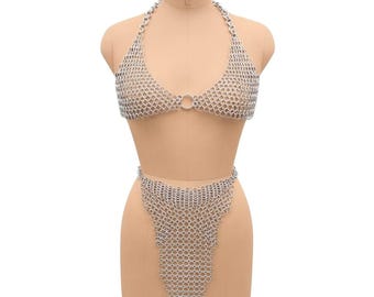 Handcrafted Aluminum Chainmail Bikini Set – Medieval Armor Bra & Skirt for Cosplay, LARP, and Festivals
