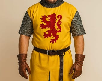 May include: A medieval costume featuring a yellow tunic with a red lion emblem, chainmail sleeves, and a matching hood. The outfit includes a brown leather belt, gloves, and gray leggings. A historical garment.