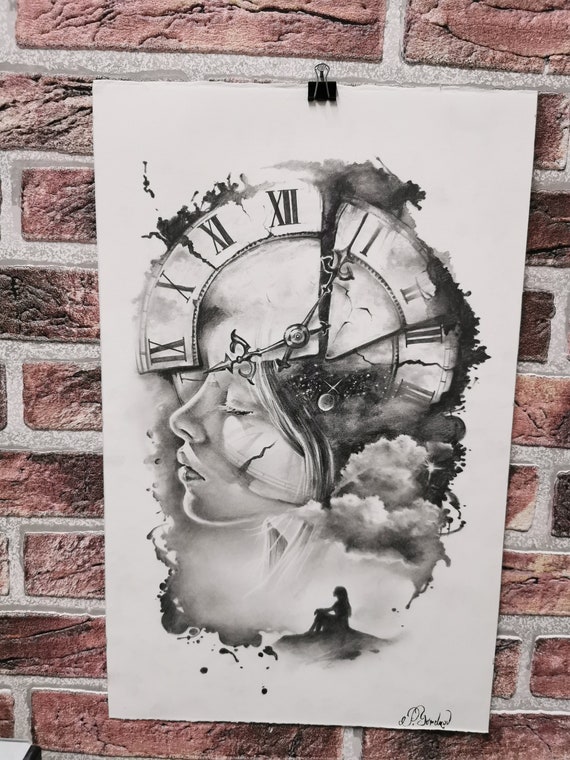 Pencil Drawing Handmade. Woman Face Clock. Illustration Gloomy Etsy