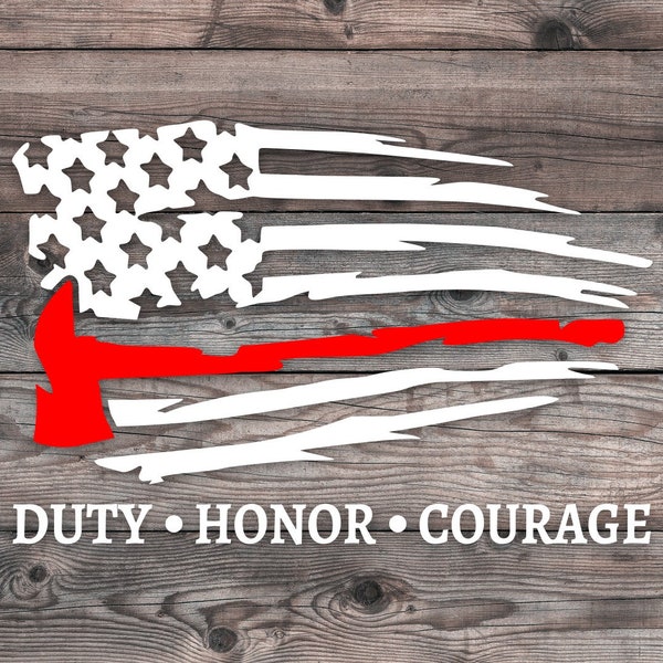 Duty Honor Courage Thin Red Line Decal - Fireman's Axe & Flag Sticker Firefighter Tribute Patriotic Vinyl Emblem for Vehicles and Gear