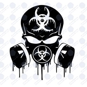 May include: Black and white illustration of a skull wearing a gas mask with biohazard symbols. The mask has dripping paint.