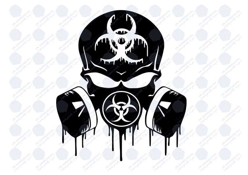 May include: Black and white illustration of a skull wearing a gas mask with biohazard symbols. The mask has dripping paint.