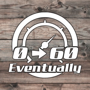 May include: White graphic on a wood background of a speedometer with an arrow pointing to the right. The speedometer reads 0 to 60 with the text "Eventually" below.