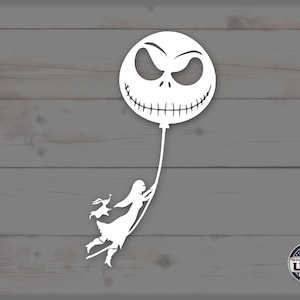 May include: A white die-cut decal featuring a circular Jack Skellington head balloon with a stitched mouth and hollow eyes. A silhouette of Sally is holding the balloon string, with Zero the ghost dog flying beside her. Includes a Made in the USA logo.