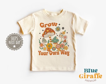 Grow Your Own Way Toddler Shirt, Vintage Mushroom Kids Natural Shirt, Cute Forager Toddler Tee