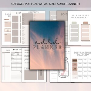 Op de afbeelding: Een printbare planner ontworpen voor mensen met ADHD. De omslag heeft een roze en blauwe lucht met wolken en de tekst "adhd planner". De planner bevat pagina's voor dagelijkse routines, contacten, afspraken, zelfzorg en afleidings-afspeellijsten.