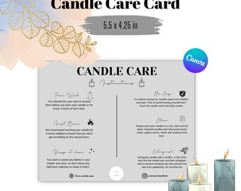 May include: A gray and white card with instructions on how to care for candles. The card has a title that says "Candle Care Card" and includes illustrations of candles, flames, and a wick. The card also includes text about trimming the wick, first burn, keeping the candle clean, being safe, storing the candle, and extinguishing the candle.