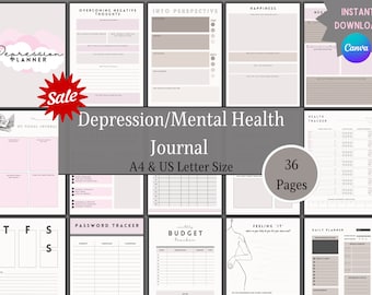 Planificateur imprimable de dépression, journal de dépression, feuille de travail de thérapie, journal de santé mentale Mood Tracker, cahier de travail PDF avec plan de soins personnels