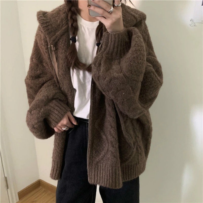 Women Autumn Winter Oversize Knitted Cardigan Casual Hooded - Etsy