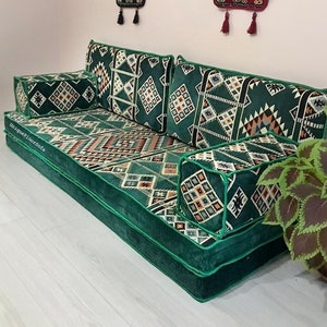 8'' Thickness Green Arabic Sofa Set, Green Floor Couch, Moroccan Home Living Sofa, Floor Seating Sofa, Floor Pillows, Reading Nook Cushion