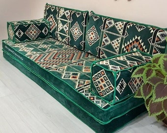 8'' Thickness Green Arabic Sofa Set, Green Floor Couch, Moroccan Home Living Sofa, Floor Seating Sofa, Floor Pillows, Reading Nook Cushion